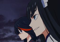 Rule 34 | 2girls, black hair, blue eyes, blush, commentary request, eyebrows, hair ornament, hairclip, highres, kill la kill, kiryuuin satsuki, looking at another, matoi ryuuko, multicolored hair, multiple girls, official art, siblings, sisters, smile, streaked hair, sushio, thick eyebrows