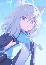 Rule 34 | 1girl, animal ear fluff, animal ears, black jacket, blue archive, blue eyes, blue halo, blue scarf, blue sky, cloud, commentary, cross hair ornament, day, deadnooodles, fringe trim, grey hair, hair between eyes, hair ornament, halo, hand up, highres, jacket, long sleeves, looking at viewer, mismatched pupils, open clothes, open jacket, outdoors, parted lips, scarf, shiroko (blue archive), shirt, sky, solo, symbol-only commentary, upper body, white shirt, wolf ears
