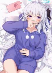 Rule 34 | 1girl, bed sheet, blue archive, blue halo, blue hoodie, blush, breasts, cellphone, fingernails, grey hair, halo, highres, hood, hood down, hoodie, long hair, long sleeves, looking at viewer, lying, medium breasts, miyako (blue archive), miyako (young) (blue archive), on back, one side up, open mouth, phone, purple eyes, smartphone, solo, yukichin