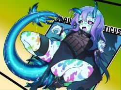 Rule 34 | 1girl, antennae, bulletproof vest, colored skin, cuffs, english text, fangs, full body, highres, horns, long tail, looking at viewer, monster girl, mucus, original, pointy ears, purple eyes, purple hair, ryuu tou, sea slug girl, shackles, shadow, tail, thighs, white skin