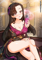 Rule 34 | 1girl, alcohol, black hair, blush, breasts, brown eyes, champagne, chinese clothes, cleavage, collarbone, couch, flower, girls und panzer, hair flower, hair ornament, highres, indoors, large breasts, long hair, looking at viewer, megadeko, nishi kinuyo, on couch, open mouth, shiny skin, sitting, smile, solo