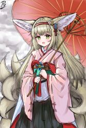 Rule 34 | 1girl, :d, absurdres, animal ears, arknights, black hakama, brown hair, commentary request, flower, fox ears, fox girl, fox tail, green eyes, hairband, hakama, hakama skirt, highres, holding, holding umbrella, japanese clothes, kimono, kitsune, kyuubi, long sleeves, looking at viewer, multiple tails, obi, oil-paper umbrella, open mouth, pink kimono, red hairband, rylaera, sash, sketch, skirt, smile, solo, suzuran (arknights), suzuran (yukibare) (arknights), tail, umbrella, white flower, wide sleeves
