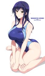 Rule 34 | 1girl, bare shoulders, blue hair, blue one-piece swimsuit, blush, breasts, character name, collarbone, competition swimsuit, halcon, heart, highleg, highleg swimsuit, highres, izumi wakoto, large breasts, long hair, looking at viewer, lovely x cation 2, one-piece swimsuit, parted lips, simple background, sitting, swimsuit, thighs, wariza, white background, yellow eyes