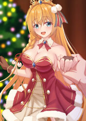 Rule 34 | 1girl, bare shoulders, black gloves, blue eyes, braid, breasts, christmas, christmas tree, cleavage, collarbone, commentary request, detached collar, dress, fingerless gloves, fur-trimmed dress, fur trim, gloves, hair ribbon, highres, iseshi, large breasts, long hair, official alternate costume, orange hair, pecorine (christmas) (princess connect!), pecorine (princess connect!), princess connect!, red dress, ribbon, side braid, sleeveless, sleeveless dress, solo, strapless, strapless dress, tiara, very long hair