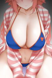Rule 34 | 1girl, alternate costume, arind yudha, bikini, black background, blue bikini, blush, breasts, cleavage, closed mouth, collarbone, commentary, fang, fate/grand order, fate (series), fox girl, fox print, gradient background, highres, jacket, large breasts, lips, long hair, long sleeves, multicolored clothes, multicolored jacket, navel, open clothes, open jacket, orange trim, pink hair, pink jacket, sitting, skin fang, smile, solo, stomach, striped clothes, striped jacket, swimsuit, tamamo (fate), tamamo no mae (fate/extra), tamamo no mae (swimsuit lancer) (fate), thighs, two-tone jacket, v arms, white jacket
