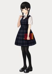 Rule 34 | 1girl, absurdres, bad id, bad pixiv id, black footwear, black hair, black pantyhose, blush, book, bow, braid, breasts, brown eyes, collared shirt, commentary request, dress, dress shirt, fingernails, full body, grey background, grey dress, hair bow, hand up, highres, holding, holding book, holding own hair, loafers, long hair, looking at viewer, low twintails, medium breasts, original, pantyhose, parted lips, plaid, plaid dress, red bow, school uniform, shii (kairi-t-k0317), shirt, shoes, short sleeves, simple background, solo, standing, twin braids, twintails, watch, white shirt, wristwatch