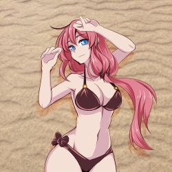 Rule 34 | 1girl, blue eyes, breasts, closers, large breasts, lazy ant, long hair, looking at viewer, pink hair, sand, seulbi lee, smile, swimsuit