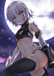 Rule 34 | 1girl, absurdres, bandages, black gloves, black panties, black thighhighs, blood, blood on face, bloody bandages, brown eyes, cleavage cutout, clothing cutout, crop top, curvy, day, dual wielding, facial scar, fate/apocrypha, fate (series), female focus, fingerless gloves, full body, full moon, gloves, grin, highres, holding, holding knife, jack the ripper (fate/apocrypha), knife, koi0806, looking at viewer, midriff, moon, navel, outdoors, panties, petals, scar, scar on cheek, scar on face, short hair, silver hair, sky, smile, solo, star (sky), starry sky, stomach, tattoo, thighhighs, thighs, thong, underwear, weapon
