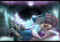 Rule 34 | 2girls, adesa, ahoge, blue hair, bow, cirno, closed eyes, glomp, hair bow, happy, hat, hug, letterboxed, letty whiterock, multiple girls, perfect cherry blossom, purple eyes, purple hair, snow, touhou, tree, wings