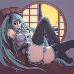 Rule 34 | 1girl, aqua hair, blackmoon, blue eyes, blue hair, boots, breasts, detached sleeves, covered erect nipples, green eyes, hatsune miku, high heels, impossible clothes, large breasts, long hair, lying, matching hair/eyes, moon, necktie, panties, pantyshot, reclining, shirt, shoes, skirt, smile, solo, taut clothes, taut shirt, thigh boots, thighhighs, twintails, underwear, upskirt, very long hair, vocaloid, window