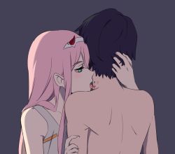 Rule 34 | 10s, 1boy, 1girl, black hair, commentary, couple, darling in the franxx, english commentary, green eyes, hand on another&#039;s head, hiro (darling in the franxx), horns, hug, k 016002, licking, long hair, nightgown, pink hair, short hair, topless male, white nightgown, zero two (darling in the franxx)