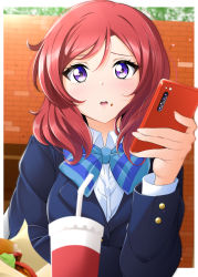 Rule 34 | 1girl, :o, arm rest, black jacket, blue bow, blue bowtie, blush, bow, bowtie, breasts, brick wall, burger, cellphone, collar, collared shirt, cup, disposable cup, drinking straw, food, food on face, hair between eyes, highres, holding, holding phone, jacket, kirisaki reina, long sleeves, looking at viewer, love live!, love live! school idol project, medium breasts, medium hair, nishikino maki, open mouth, outdoors, phone, purple eyes, red hair, school uniform, shirt, smartphone, solo, teeth, uniform, upper body, upper teeth only, white collar, white shirt