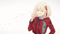 1girl asada7101 blonde_hair blue_ribbon blush closed_eyes collared_shirt grey_background grin hand_up happy highres jacket long_sleeves lycoris_recoil lycoris_uniform nishikigi_chisato petals red_jacket ribbon shirt short_hair side_ponytail smile solo thumbnail_collage upper_body vignetting