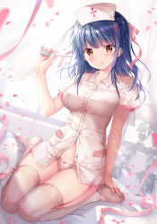 Rule 34 | 1girl, :q, blue hair, breasts, brown eyes, buttons, collared shirt, commentary request, digital thermometer, dress shirt, garter straps, hair ornament, hair ribbon, half updo, hand up, hat, highres, holding, holding thermometer, large breasts, long hair, looking at viewer, nanami yuuno, no pants, no shoes, nurse, nurse cap, original, panties, partially unbuttoned, petals, revision, ribbon, shirt, short sleeves, sitting, smile, solo, sousouman, thermometer, thighhighs, tongue, tongue out, underwear, wariza, white panties, white shirt, white thighhighs