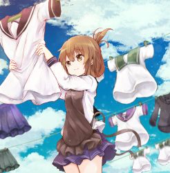 Rule 34 | 10s, 1girl, anchor symbol, apron, brown eyes, brown hair, clothes hanger, clothes pin, clothesline, cloud, cloudy sky, day, folded ponytail, highres, inazuma (kancolle), kantai collection, laundry, outdoors, school uniform, serafuku, shiro9jira, skirt, sky, smile, solo