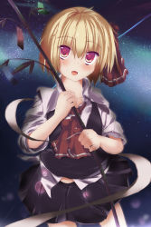 Rule 34 | 1girl, ascot, bamboo, blonde hair, blush, dress shirt, embodiment of scarlet devil, fang, female focus, gradient background, hair ribbon, highres, night, open mouth, outdoors, plant, red eyes, ribbon, rumia, shinonome ukyu, shirt, short hair, skirt, sky, sleeves rolled up, solo, star (sky), tanabata, tanzaku, touhou, vest