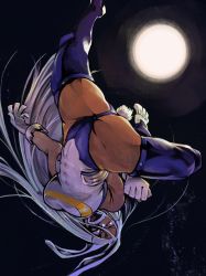 Rule 34 | 1girl, absurdres, animal ears, ass, boku no hero academia, breasts, dark-skinned female, dark skin, full body, full moon, gloves, groin, highres, large breasts, leotard, looking at viewer, mirko, moon, night, open mouth, rabbit ears, rabbit girl, rabbit tail, red eyes, smile, solo, tail, teeth, thighhighs, thong leotard, white gloves, white hair