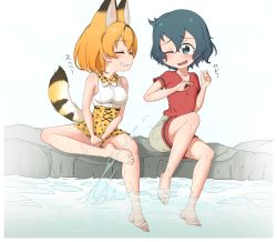 Rule 34 | 2girls, animal ears, barefoot, black eyes, black hair, blonde hair, bow, bowtie, chis (js60216), closed eyes, commentary, facing another, feet, foot up, grey shorts, grin, high-waist skirt, highres, kaban (kemono friends), kemono friends, knee up, looking at another, miniskirt, multiple girls, one eye closed, print neckwear, print skirt, red shirt, serval (kemono friends), serval print, shirt, short hair, short sleeves, shorts, sitting, skirt, skirt tug, sleeveless, sleeveless shirt, smile, soaking feet, splashing, t-shirt, tail, toes, traditional bowtie, translated, water, white background, white shirt, yellow neckwear, yellow skirt