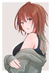 Rule 34 | 1girl, aketa mikoto, armpit crease, bare shoulders, black bra, blush, bra, breasts, brown eyes, brown hair, character name, clothes pull, commentary request, eyelashes, eyes visible through hair, from side, grey background, grey sweater, hair between eyes, highres, idolmaster, idolmaster shiny colors, large breasts, long hair, looking at viewer, off shoulder, open mouth, silver116, simple background, sleeves past wrists, solo, spiked hair, sweater, sweater pull, underwear, upper body
