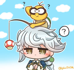 Rule 34 | 1girl, ?, asimo953, braid, breasts, cleavage, cleavage cutout, clothing cutout, crossover, jitome, kantai collection, lakitu, large breasts, mario (series), nintendo, on head, one-hour drawing challenge, outline, silver hair, single braid, spoken question mark, super mushroom, twintails, unryuu (kancolle)