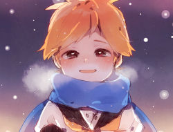 Rule 34 | 1boy, :d, blonde hair, blue scarf, blush, borrowed clothes, breath, brown eyes, kagamine len, kouhara yuyu, looking at viewer, male focus, open mouth, sailor collar, scarf, sketch, smile, snowing, solo, swept bangs, upper body, vocaloid, winter