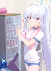 Rule 34 | 2girls, ?, basa rutan, black gloves, blue archive, blue buruma, blush, bottle, buruma, can, character request, closed mouth, commentary request, energy drink, flying sweatdrops, gloves, grey hair, gym shirt, gym uniform, hair between eyes, hair intakes, halo, highres, holding, holding bottle, indoors, long hair, long sleeves, milk bottle, miyako (blue archive), monster energy, multiple girls, partial commentary, piggy bank, pointy ears, ponytail, purple eyes, shirt, short sleeves, sidelocks, sleeves past wrists, solo focus, towel, towel around neck, very long hair, white shirt