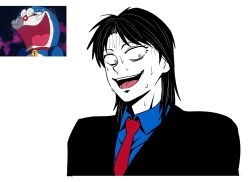 Rule 34 | 1boy, bags under eyes, black hair, black jacket, blazer, blue shirt, collared shirt, colored skin, commentary, doraemon, doraemon (character), formal, high contrast, highres, ichijou seiya, jacket, kaiji, long hair, looking at viewer, male focus, necktie, open mouth, parted bangs, red necktie, reference inset, shirt, simple background, smile, suit, sweat, upper body, white background, white eyes, white skin, yologyeolseogchung-gyeogpaswaeseogsul