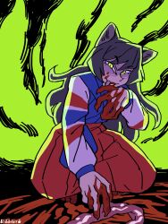 Rule 34 | 1girl, absurdres, animal ears, artist name, black hair, blood, blood on face, blood on hands, breasts, commentary, eddybird55555, fox ears, fox girl, fox tail, frown, glowing, glowing tail, green eyes, grey background, hair between eyes, hakama, hakama pants, hakama short skirt, hakama skirt, haori, highres, japanese clothes, kitsune, kneeling, kyuubi, large breasts, long hair, looking at viewer, looking down, multiple tails, pants, parody, red hakama, scp-953, scp foundation, shaded face, signature, skirt, style parody, tail, vanripper (style)