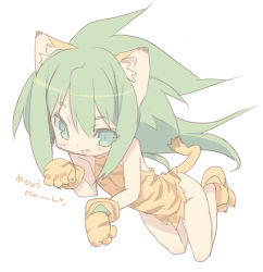 Rule 34 | 1girl, animal ears, animal hands, bad id, bad pixiv id, blade (galaxist), cat ears, cat paws, cat tail, cham cham, gloves, green eyes, green hair, lowres, matching hair/eyes, paw gloves, paw shoes, samurai spirits, shoes, simple background, solo, tail