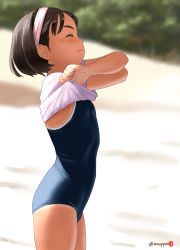 Rule 34 | 1girl, artist logo, beach, black hair, blue one-piece swimsuit, blurry, breasts, clip studio paint (medium), closed eyes, clothes lift, commentary request, competition school swimsuit, cowboy shot, day, depth of field, hairband, highres, lifted by self, mu-pyon, one-piece swimsuit, original, outdoors, pink hairband, school swimsuit, shirt, shirt lift, short hair, small breasts, solo, swimsuit, t-shirt, tan, tanline, twitter username, undressing