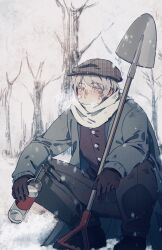 Rule 34 | 1boy, absurdres, alcohol, axis powers hetalia, bare tree, bottle, breath, buttons, cabbie hat, coat, cold, fermium.ice, glass bottle, gloves, hat, highres, holding, holding bottle, liquor, male focus, nature, outdoors, patch, puff of air, purple eyes, russia (hetalia), scarf, shovel, sky, slav squatting, snow, snowing, squatting, tree, vodka, winter, winter clothes