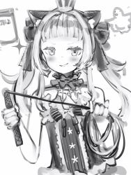 Rule 34 | 1girl, animal ears, bare shoulders, blush, cat ears, crown, dress, flat chest, greyscale, grin, highres, holding, holding whip, hololive, looking at viewer, mini crown, monochrome, murasaki shion, murasaki shion (gothic lolita), nanashi (nlo), sketch, smile, smug, solo, virtual youtuber
