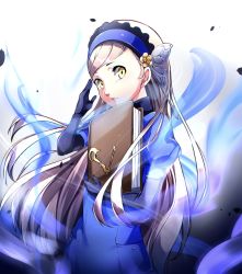 Rule 34 | 1girl, black gloves, blonde hair, blue coat, blue hairband, coat, elbow gloves, floating hair, flower, gloves, hair flower, hair ornament, hairband, highres, holding, lavenza (persona 5), long hair, looking at viewer, nakano maru, persona, persona 5, short sleeves, simple background, solo, standing, swept bangs, very long hair, white background, yellow eyes, yellow flower