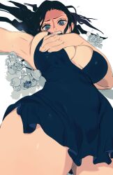 Rule 34 | 1girl, absurdres, armpits, bare legs, black hair, blue dress, blush, breast hold, breasts, brekkist, cleavage, dress, highres, large breasts, low neckline, lying, nico robin, nico robin (dressrosa), on back, one piece, open mouth, short dress, solo, sweatdrop, thighhighs, white background