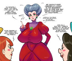 Rule 34 | breasts, cinderella, disney, dress, earrings, english text, gray hairs, green eyes, highres, jewelry, lady tremaine, large breasts, mature female, pinkkoffin, wide hips