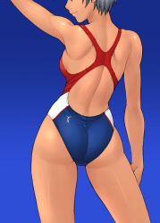 Rule 34 | 1girl, arm up, ass, bang-you, black hair, butt crack, competition swimsuit, dark-skinned female, dark skin, female focus, from behind, gradient background, head out of frame, highres, looking at viewer, one-piece swimsuit, original, simple background, solo, swimsuit, tan, toned