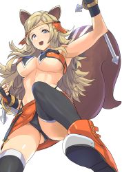 Rule 34 | 1girl, absurdres, alternate costume, animal ears, armpits, blazblue, blonde hair, breasts, cameltoe, circlet, clash kuro neko, commission, commissioner upload, cosplay, crossover, fire emblem, fire emblem fates, full body, grey eyes, highres, large breasts, looking to the side, makoto nanaya, makoto nanaya (cosplay), nintendo, ophelia (fire emblem), panties, pantyshot, skeb commission, squirrel ears, squirrel tail, tail, thighhighs, underwear