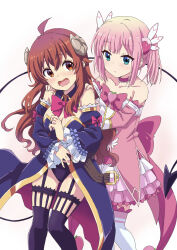 Rule 34 | 2girls, absurdres, ahoge, bare shoulders, belt, blue leotard, blush, bow, breasts, chiyoda momo, choker, cleavage, closed mouth, demon girl, demon tail, detached collar, detached sleeves, dress, feet out of frame, garter straps, hair ornament, hands on another&#039;s shoulders, highres, horns, layered skirt, leotard, long hair, looking at another, machikado mazoku, medium breasts, multiple girls, open mouth, orange eyes, pink bow, pink dress, pink hair, purple thighhighs, red hair, sekiya kuzuyu, short hair, skirt, standing, tail, thighhighs, white background, white thighhighs, yoshida yuuko (machikado mazoku)