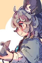Rule 34 | 1girl, ahoge, animal, animal ear fluff, animal ears, blush, capelet, closed mouth, commentary request, crystal, grey capelet, grey hair, highres, holding, holding animal, jewelry, long sleeves, mame komari, mouse (animal), mouse ears, mouse girl, nazrin, one-hour drawing challenge, pendant, profile, shirt, short hair, smile, solo, thick eyebrows, touhou, twitter username, upper body, white shirt