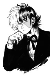 Rule 34 | 1boy, artist name, black jack (character), black jack (series), bow, bowtie, closed mouth, collared shirt, frown, greyscale, hair over one eye, hand on own cheek, hand on own face, highres, long sideburns, long sleeves, looking to the side, male focus, mame moyashi, monochrome, multicolored hair, patchwork skin, scar, scar on face, shirt, short hair, sideburns, sideways glance, simple background, solo, split-color hair, twitter username, two-tone hair, upper body, wing collar