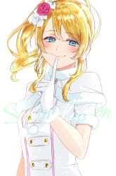 Rule 34 | 1girl, ayase eli, bad id, bad pixiv id, blonde hair, blue eyes, blush, capelet, closed mouth, floating hair, flower, fur-trimmed capelet, fur-trimmed gloves, fur trim, gloves, hair between eyes, hair flower, hair ornament, hair ribbon, long hair, looking at viewer, love live!, love live! school idol festival, love live! school idol project, niro (sikabanekurui), pink flower, ponytail, ribbon, short sleeves, simple background, smile, snow halation, solo, upper body, white background, white capelet, white gloves, white ribbon