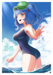 Rule 34 | 1girl, artist name, ass, bare shoulders, blue eyes, blue hair, blue one-piece swimsuit, blue sky, blush, breasts, creape, dated, flat cap, green hat, hair bobbles, hair ornament, hat, highres, kawashiro nitori, looking at viewer, looking back, one-piece swimsuit, open mouth, school swimsuit, short hair, sky, small breasts, smile, solo, sunlight, swimsuit, touhou, two side up, wading, water