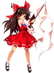 Rule 34 | 1girl, alphes, ascot, bow, brown eyes, brown hair, detached sleeves, female focus, full body, game cg, gohei, hair bow, hair ornament, hair tubes, hakurei reimu, holding, hopeless masquerade, long hair, looking at viewer, mary janes, official art, sarashi, shoes, skirt, skirt set, socks, solo, touhou, transparent background, wide sleeves