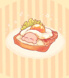 Rule 34 | alternate size, bacon, blush, blush stickers, bread, bread slice, closed eyes, closed mouth, commentary request, egg (food), food, fried egg, fried egg on toast, harukui, kirby, kirby (series), lettuce, lying, nintendo, no humans, on stomach, simple background, sleeping, solo, sparkle, star (symbol), striped, striped background, toast, yellow background