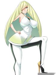 Rule 34 | 1girl, alternate breast size, bare shoulders, blonde hair, breasts, covered erect nipples, creatures (company), diamond (shape), game freak, green eyes, hand on own hip, high heels, hip focus, large breasts, leggings, legs, long hair, looking at viewer, lusamine (pokemon), mature female, nintendo, parted lips, pokemon, pokemon sm, sideboob, simple background, sleeveless, solo, tamezou, very long hair, white background