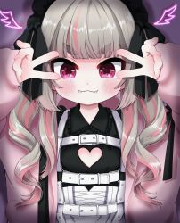 Rule 34 | 1girl, :3, black hairband, black shirt, blunt bangs, blush, brown hair, chest harness, cleavage cutout, clothing cutout, commentary, double v, drawn wings, fangs, frilled hairband, frilled shirt collar, frills, hairband, hands up, harness, heart cutout, highres, jacket, long hair, looking at viewer, makaino ririmu, miwa (misui7d), multicolored hair, nijisanji, open clothes, open jacket, pink eyes, pink hair, pink jacket, purple background, ringlets, shadow, shirt, smile, solo, straight-on, streaked hair, symbol-only commentary, thick eyebrows, twintails, upper body, v, v-shaped eyebrows, v over eye, virtual youtuber