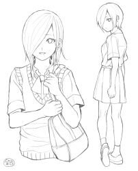 Rule 34 | 1girl, :d, bag, bow, bowtie, cropped torso, from behind, full body, greyscale, hair over one eye, kirishima touka, looking back, monochrome, multiple views, nabe-box, open mouth, pleated skirt, shirt tucked in, shoes, short hair, short sleeves, shoulder bag, skirt, smile, socks, standing, sweater, tokyo ghoul, vest