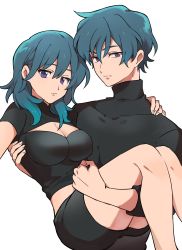 Rule 34 | 1boy, 1girl, absurdres, arm around shoulder, ayuppe, black shorts, blue eyes, blue hair, breasts, byleth (female) (fire emblem), byleth (fire emblem), byleth (male) (fire emblem), carrying, carrying under arm, cleavage, cleavage cutout, clothing cutout, collarbone, fire emblem, fire emblem: three houses, fire emblem heroes, hair between eyes, highres, holding, large breasts, long hair, looking at viewer, navel cutout, nintendo, princess carry, short hair, short shorts, short sleeves, shorts, simple background, sweater, thighs, upper body, white background