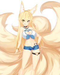 Rule 34 | 1girl, :q, absurdres, ahoge, animal ears, bare shoulders, bell, black choker, blonde hair, bracelet, breasts, choker, cleavage cutout, clothing cutout, commentary request, commission, facial mark, fox ears, fox tail, green eyes, hair between eyes, hand on own hip, heart, heart tattoo, heterochromia, highres, jewelry, jingle bell, jjickjjicke, kitsune, kyuubi, large breasts, long hair, looking at viewer, micro shorts, multiple tails, navel, neck bell, original, shorts, simple background, solo, stomach, tail, tattoo, thigh strap, tongue, tongue out, unbuttoned, v-shaped eyebrows, very long hair, whisker markings, white background, yellow eyes