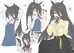 Rule 34 | !?, 1girl, ?, ahoge, animal ears, apron, arm behind back, arms up, belt, belt buckle, black hair, black skirt, blue apron, blush, bowl, buckle, chocolate, chocolate making, collared shirt, earrings, gift, hair between eyes, hair tie, heart, highres, holding, holding gift, horse ears, horse girl, horse tail, jewelry, long hair, long sleeves, looking at viewer, manhattan cafe (umamusume), mouth hold, multicolored hair, multiple views, musicccc, open mouth, ponytail, shaded face, shirt, shirt tucked in, single earring, skirt, sleeves pushed up, smile, spatula, spoken interrobang, spoken question mark, squiggle, streaked hair, tail, translation request, tying hair, umamusume, white shirt, yellow eyes, yellow shirt